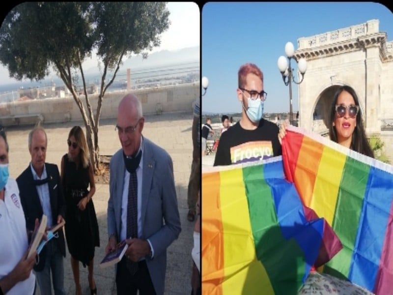 Cagliari, Sentinelle in piedi coi libri e contestatori con le bandiere arcobalebo: “sfida a distanza” al Bastione