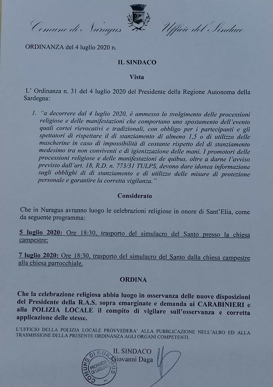 Sardegna, stasera a Nuragus la prima processione religiosa dopo il lockdown