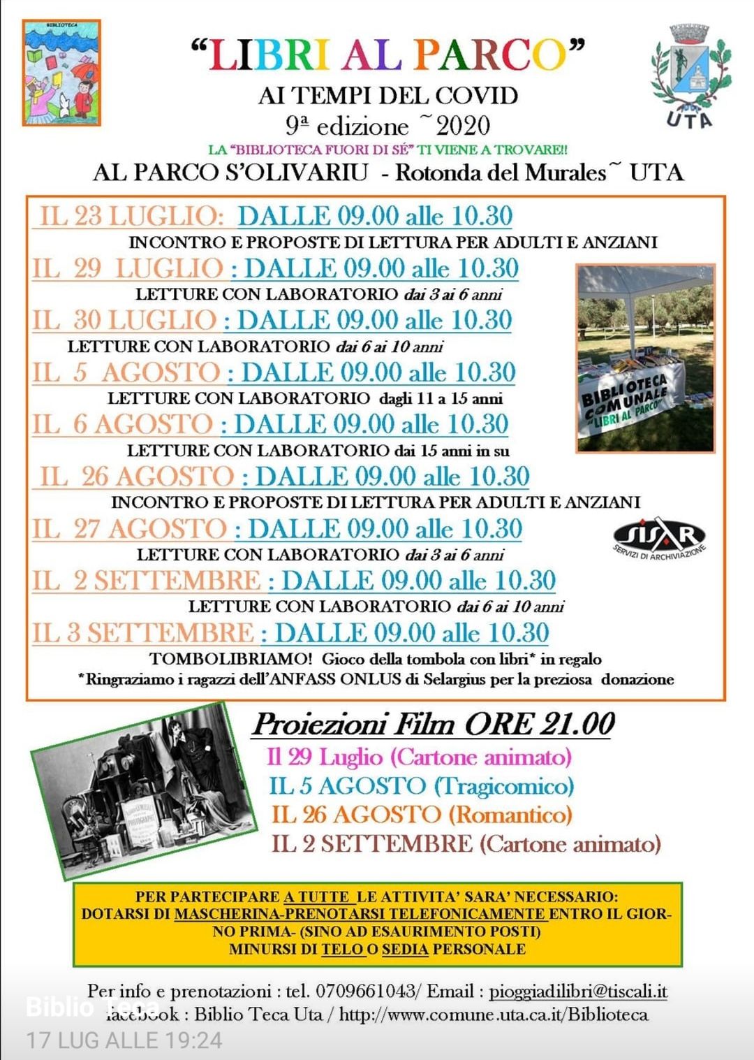 Parte l’estate utese con proiezioni cinematografiche e letture al parco S’Olivariu