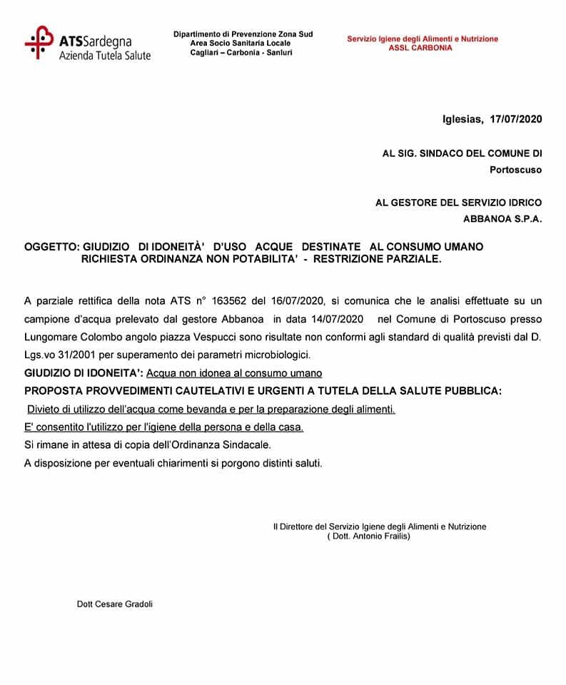 Parametri sopra la norma di Escherichia Coli a Portoscuso: vietato l’utilizzo dell’acqua come bevanda