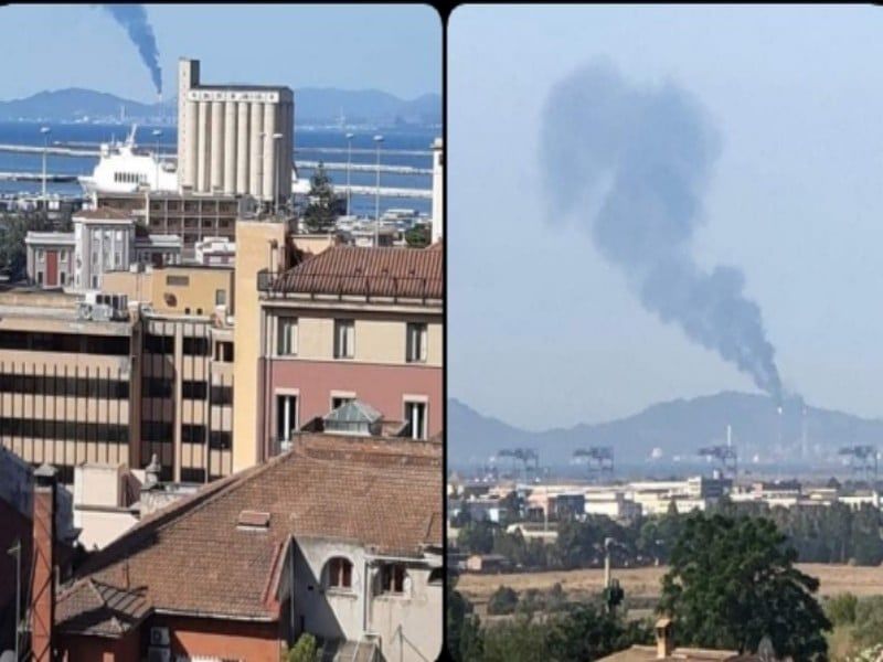 Da Cagliari sino a Sestu, il fumo nero “sputato” dalle ciminiere Saras immortalato dagli smartphone