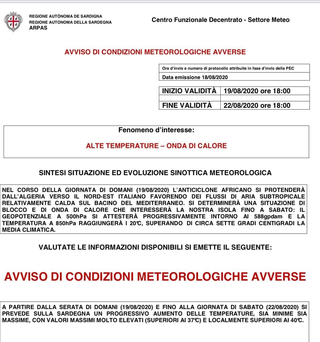 Sardegna, maxi ondata di caldo subtropicale in arrivo da domani: allarme sino a sabato della Protezione Civile