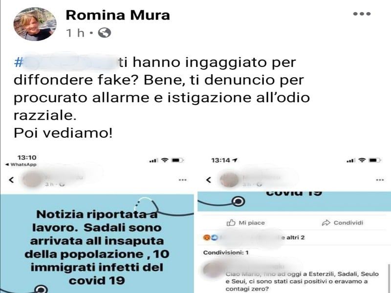 Sadali, scrive una fake news su Facebook legata a migranti e Covid. La sindaca: “Ti denuncio”
