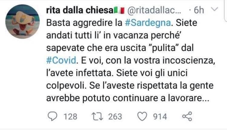 Rita Dalla Chiesa: “Basta aggredire la Sardegna, l’avete infettata con la vostra incoscienza”