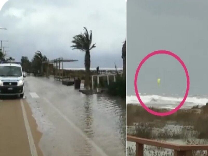 Maxi mareggiata al Poetto, mare sino alla strada e c’è chi “sfida” le onde col kite surf
