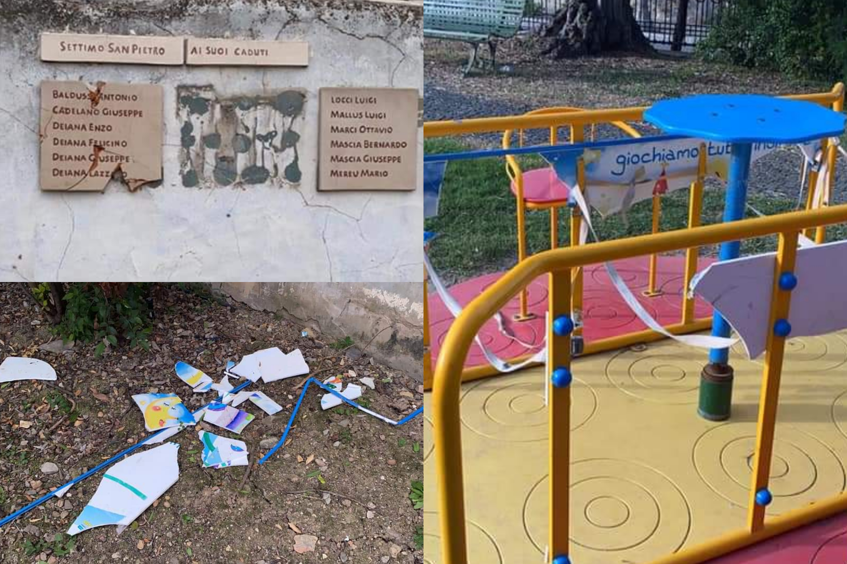 Settimo San Pietro, vandalizzati i giochi per i bambini disabili e il monumento ai Caduti