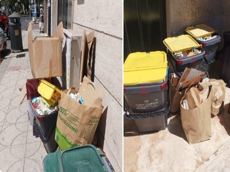 Cagliari, città invasa dai rifiuti non ritirati: mastelli stracolmi di carta e cartone