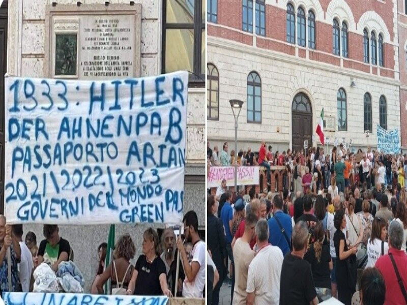Cagliari, centinaia in piazza contro il green pass e la “dittatura sanitaria”: mascherine assenti e cartelli choc