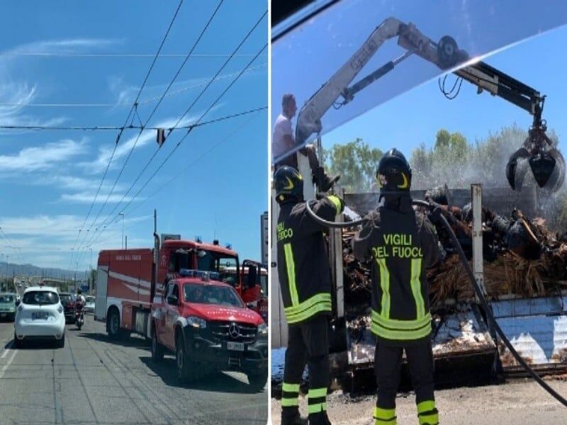 Cagliari, furgone carico di palme secche in fiamme: paura in viale Marconi