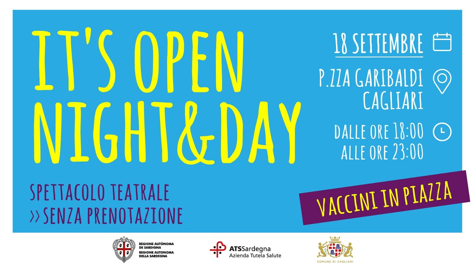 “It’s open Night&Day, i vaccini scendono in piazza” sabato 18 settembre a Cagliari