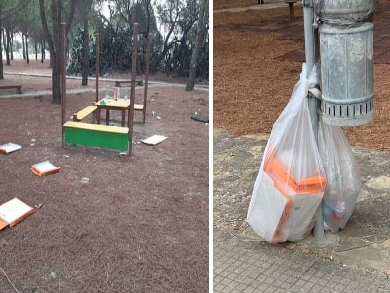Uta, vandali riempiono di rifiuti il parco dei bimbi: una cittadina modello ripulisce tutto