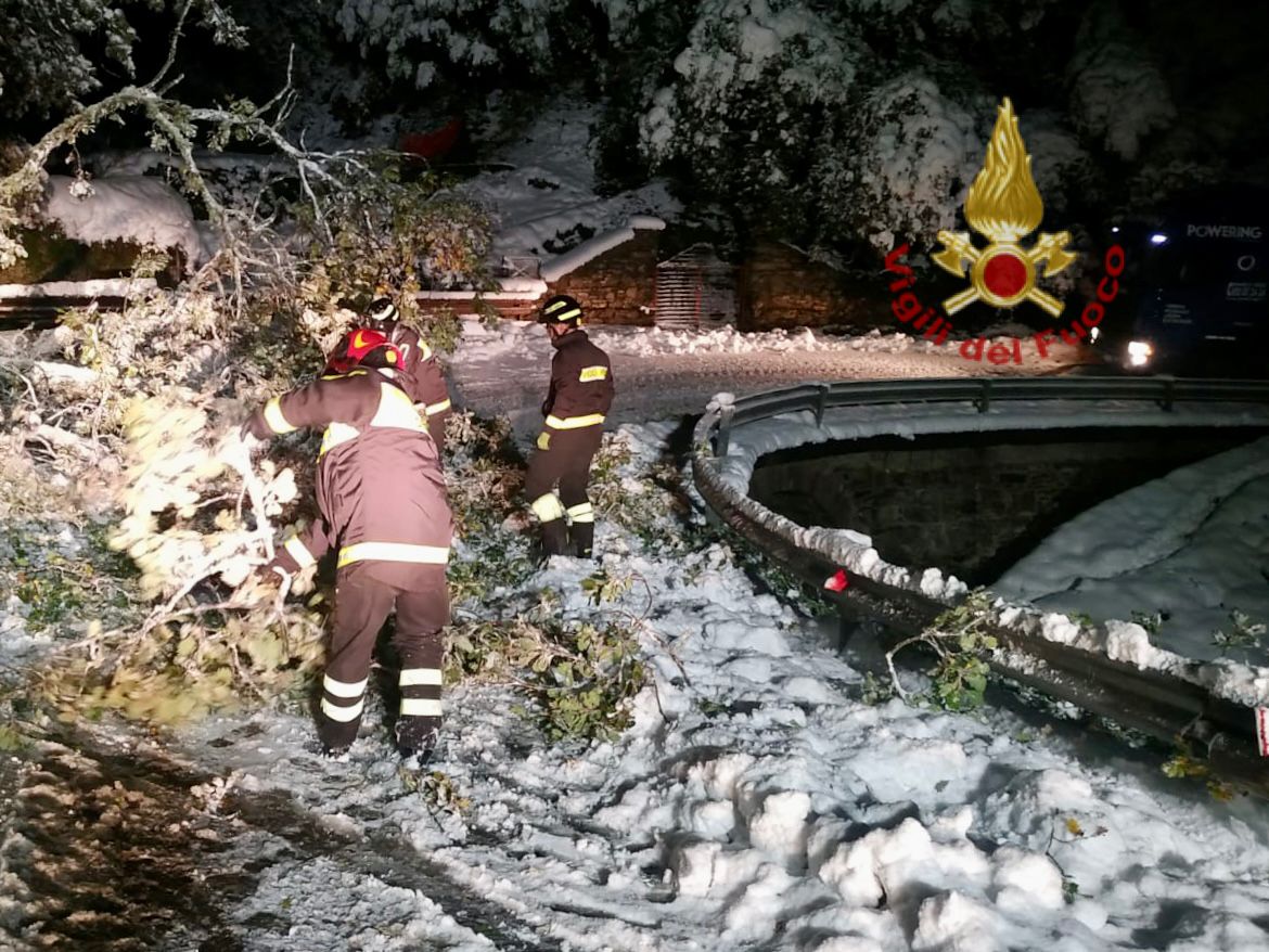Neve sulla carreggiata e alberi caduti, notte di lavoro per i vigili del fuoco a Sadali