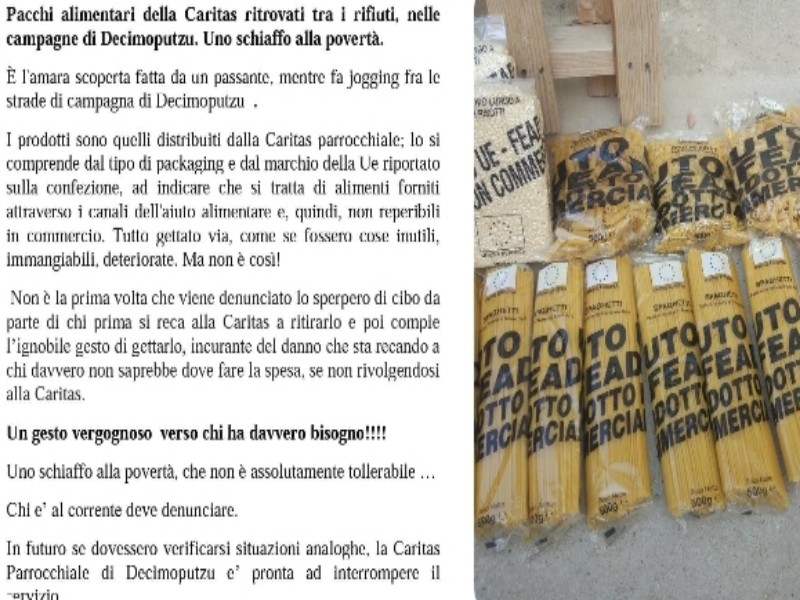Vergogna a Decimoputzu, “i pacchi con il cibo per i bisognosi buttati nelle campagne: schiaffo alla povertà”