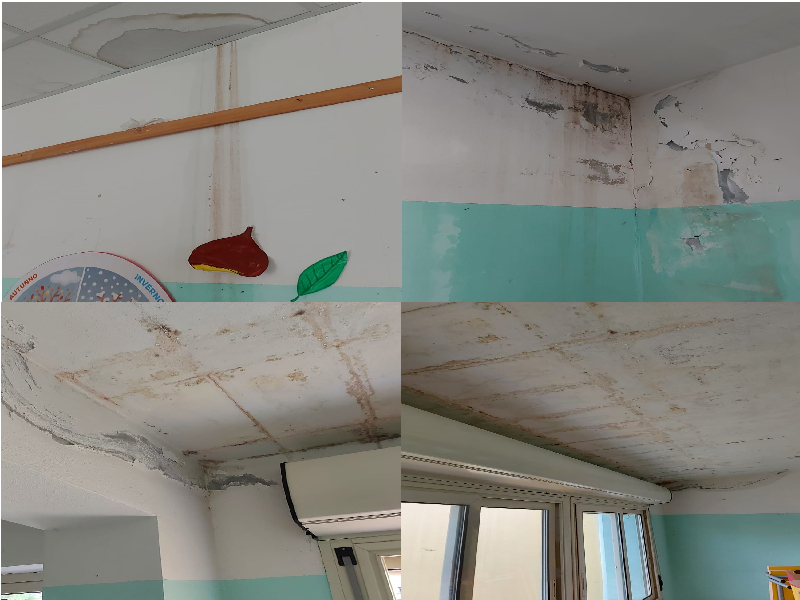 “A Quartu piove dentro l’asilo di via Prati, tutti i bimbi a casa: nelle pareti c’è anche muffa”