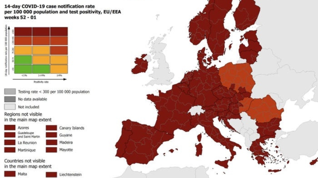 Come ai tempi bui: anche la Sardegna in rosso scuro nella cartina Covid dell’Europa