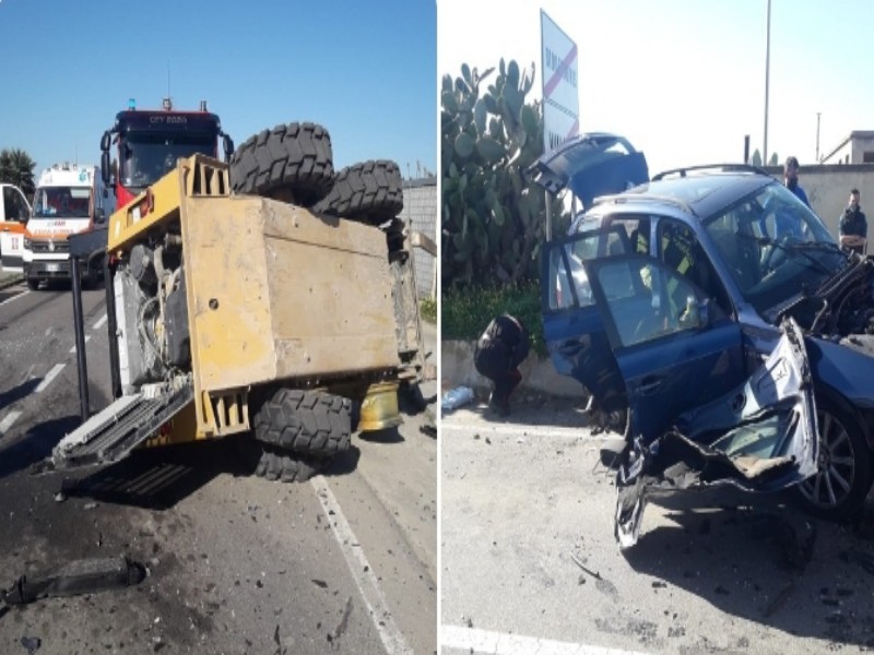 Villasor, pauroso schianto tra un’auto e una ruspa: due uomini in codice rosso