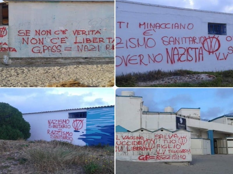 Cagliari, raid dei No Vax al Poetto: scritte contro i vaccini sui muri degli stabilimenti balneari
