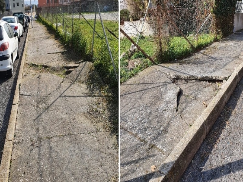 Pirri, marciapiedi “bombardati” vicino alle torri di vetro: “Aspettiamo gli operai dal 2017”