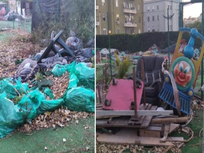 Cagliari, rifiuti e pericoli nel parco giochi smantellato: “Spazzatura e ferri arrugginiti ovunque”