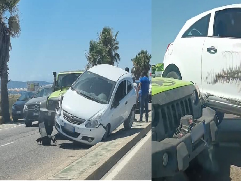 Quartu, scontro tra due auto sul lungomare: una vola sopra lo spartitraffico