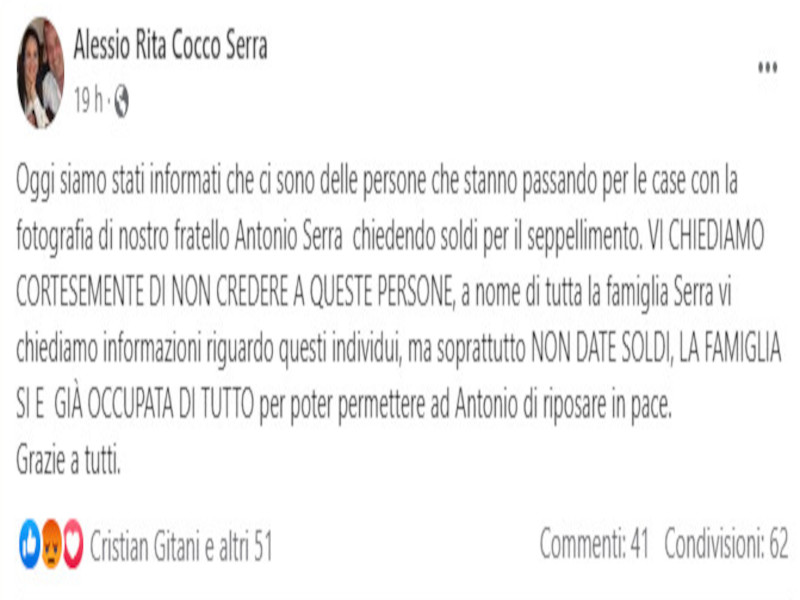 Sciacalli in azione a Quartu: “Girano con la foto di nostro fratello morto e chiedono soldi”