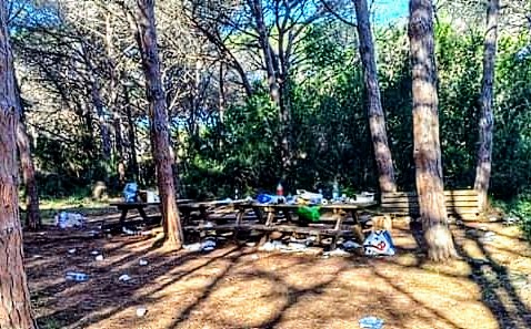 Pineta di Plagemesu ridotta a discarica dopo il pranzo di Pasquetta, spazzatura e sporcizia ovunque