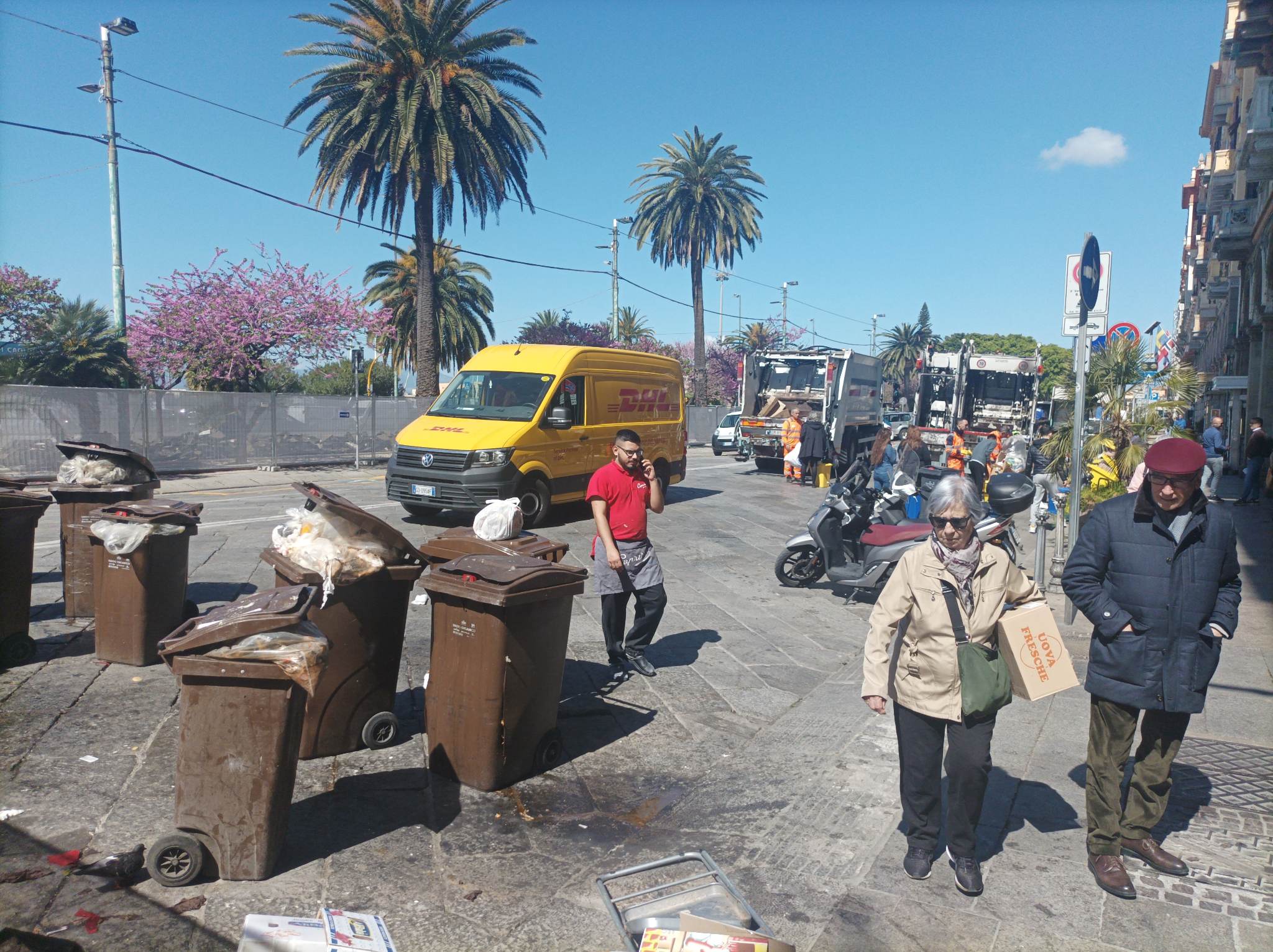 Cagliari, mastelli in attesa del camion nella via Roma sbarrata: puzza e piccioni felici che banchettano