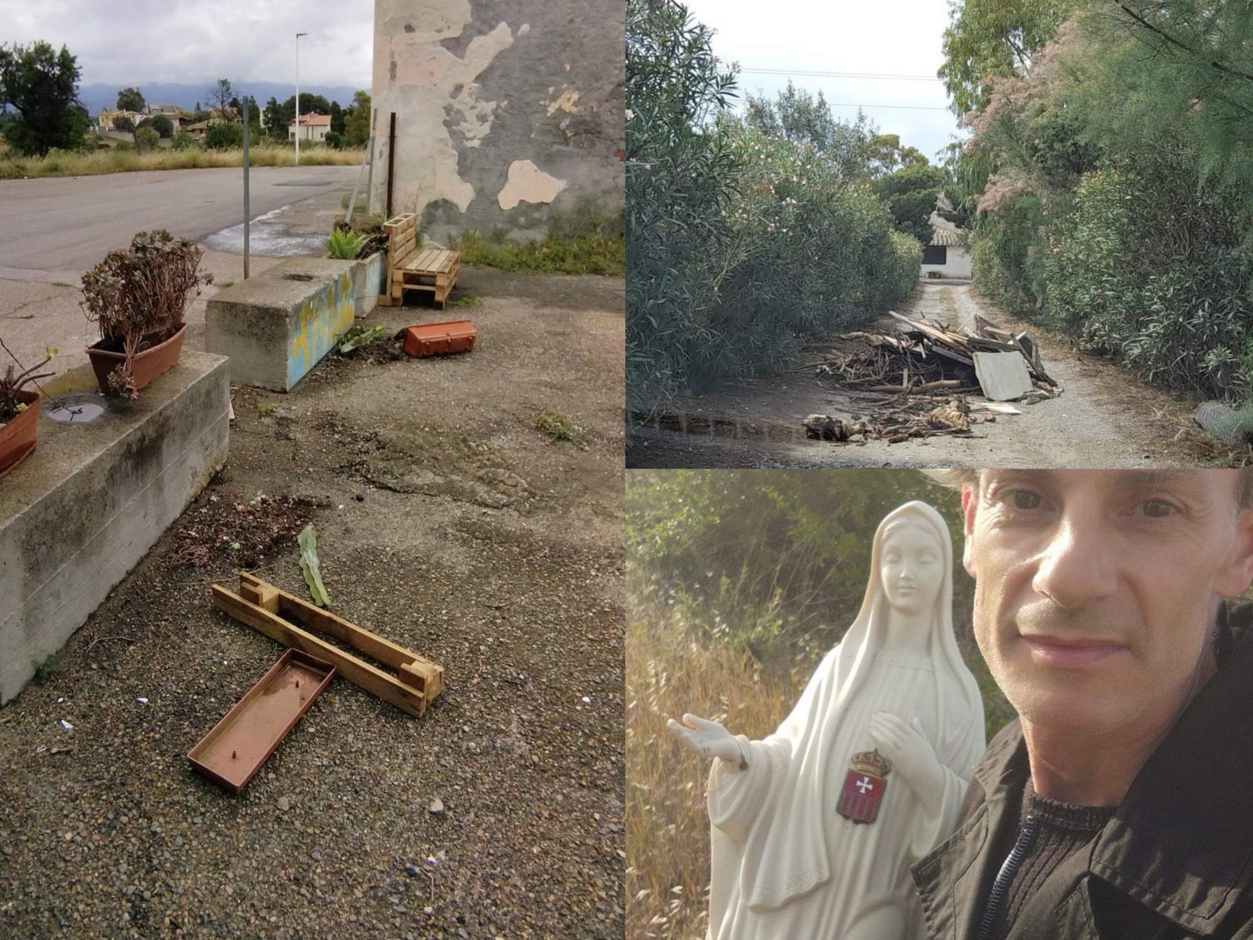 Quartu, guerra ai vandali: “Al Margine Rosso una statua della Madonna tra i rifiuti e fioriere spaccate”