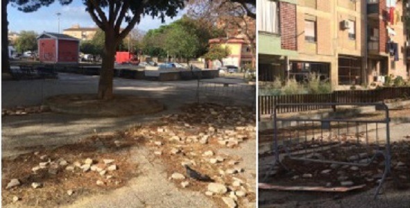Cagliari, in via Quirra la piazza abbandonata di Is Mirrionis: panchine e aiuole tra spazzatura e transenne