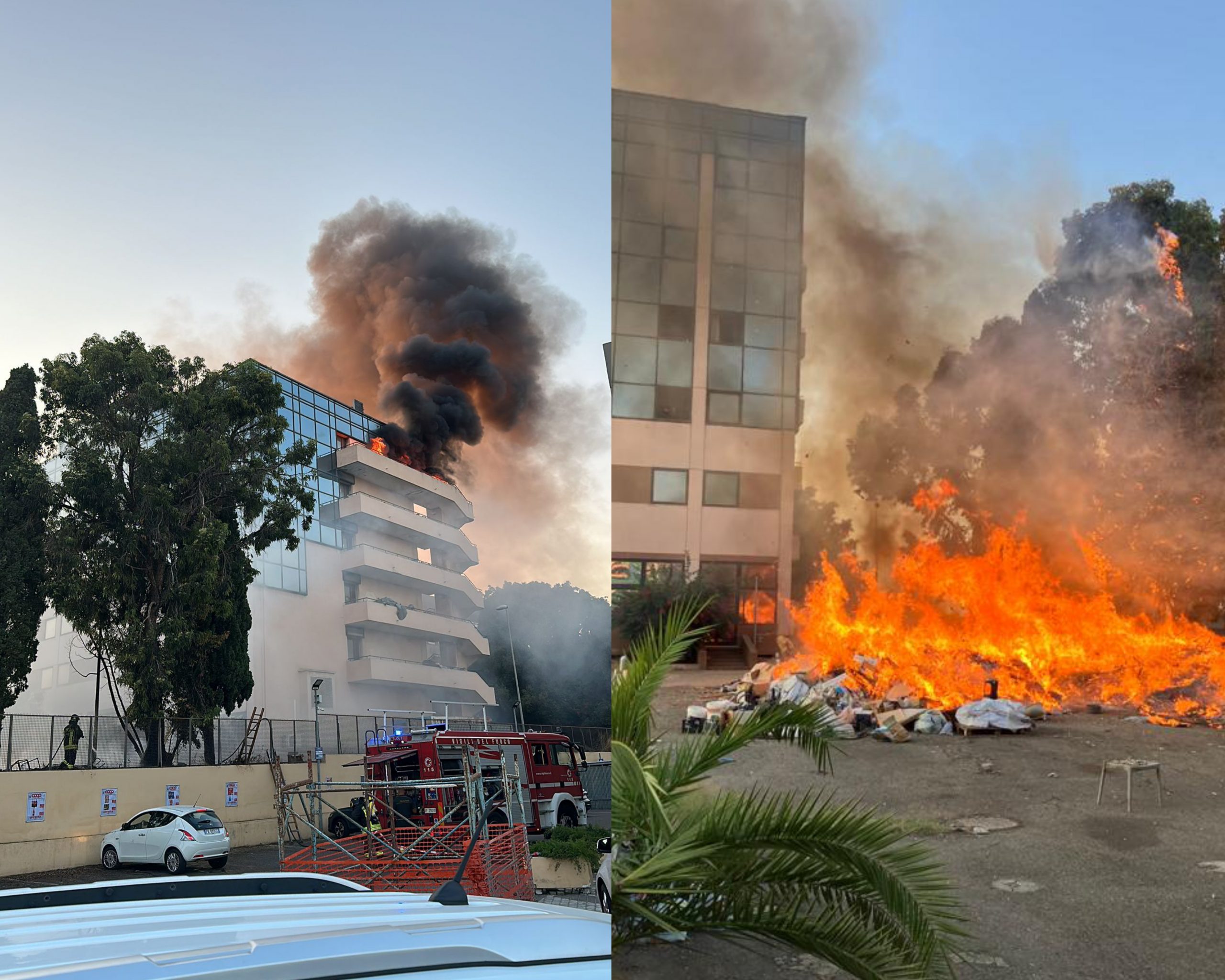 Cagliari, fiamme all’ex Motel Agip: il fuoco devasta l’ultimo piano e cumuli di rifiuti