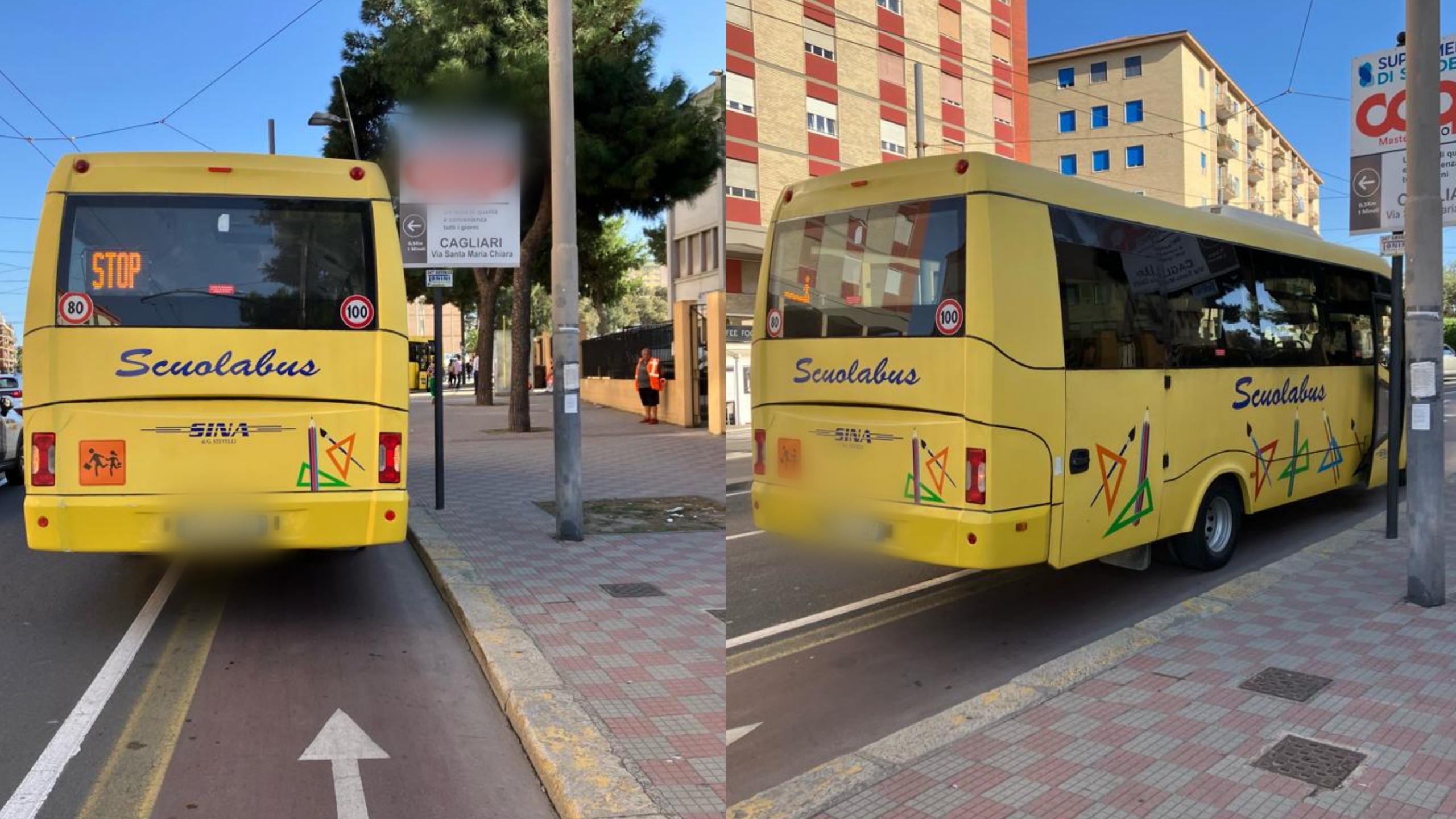 Cagliari, pista ciclabile occupata dallo scuolabus in via Is Mirrionis