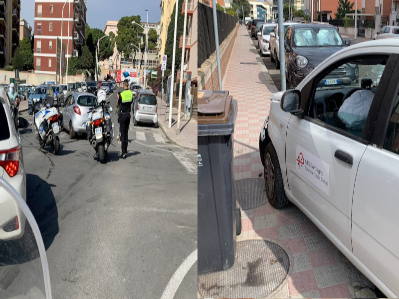 Cagliari, brutto schianto tra due macchine all’incrocio: auto dell’Ats vola sopra il marciapiede