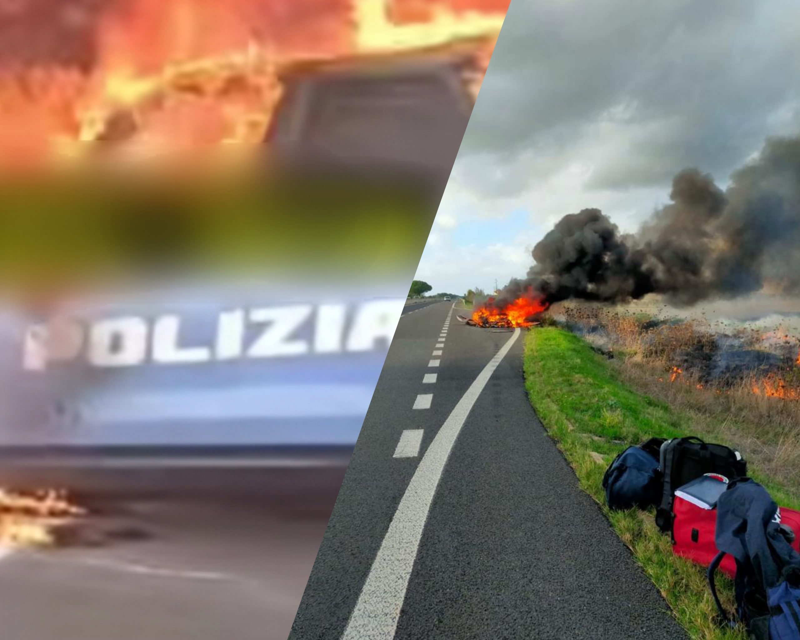Paura sulla Ss 131, un’auto della polizia avvolta dalle fiamme: gli agenti scappano all’ultimo