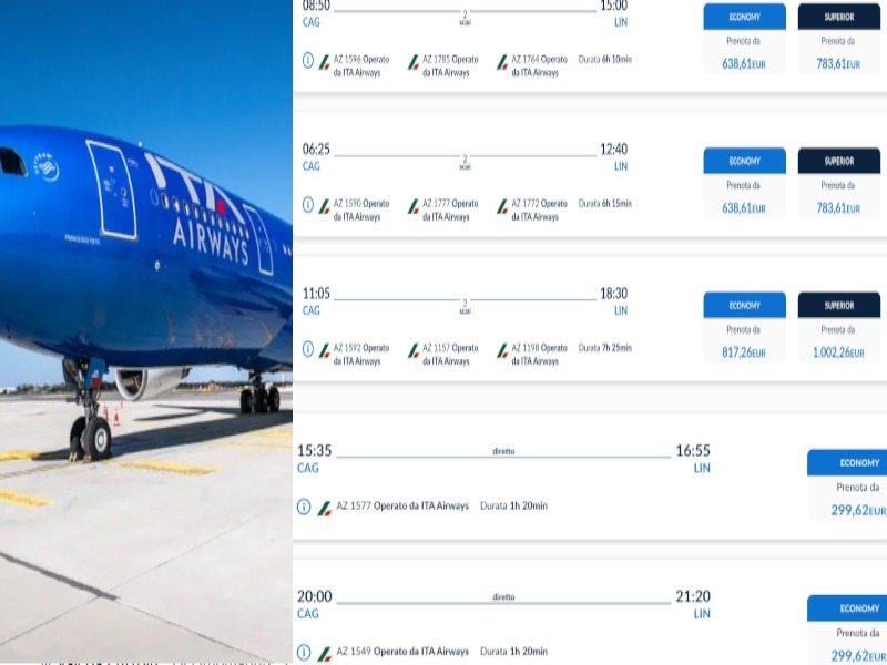 Vergogna senza fine: fino a 1400 euro sul Milano-Cagliari e ritorno per le feste di Natale con Ita