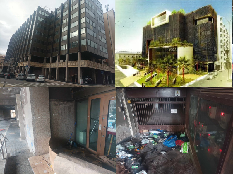 Cagliari, sbandati e rifiuti sotto l’ex Cariplo: l’hotel sulle ceneri del palazzone resta un sogno