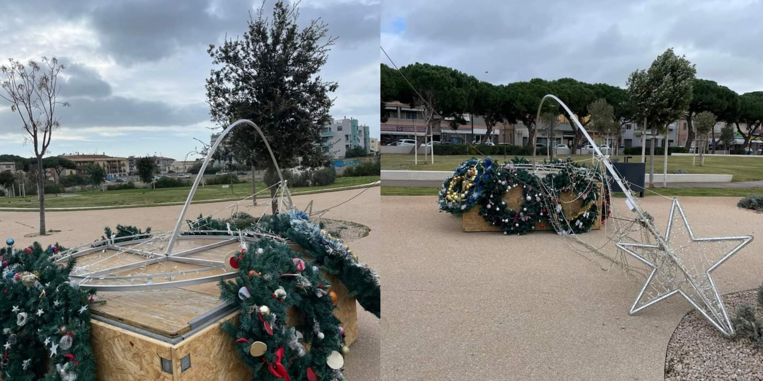 Quartucciu, i venti di burrasca spazzano via gli addobbi natalizi in piazza: piegata la stella in metallo