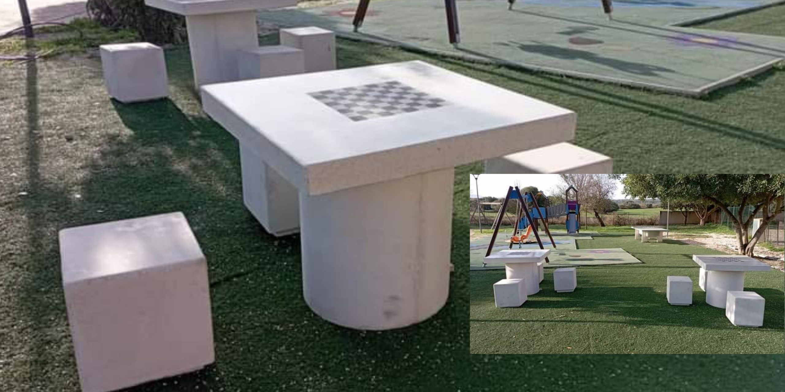 Tavoli per dama e scacchi tra scivoli e altalene, nuovi giochi nel parco comunale di Vallermosa