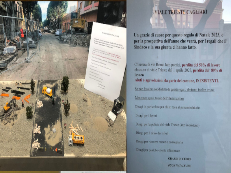 Cagliari, il presepe con polvere e operai in viale Trieste: “Grazie sindaco per la perdita di lavoro dell’80%”