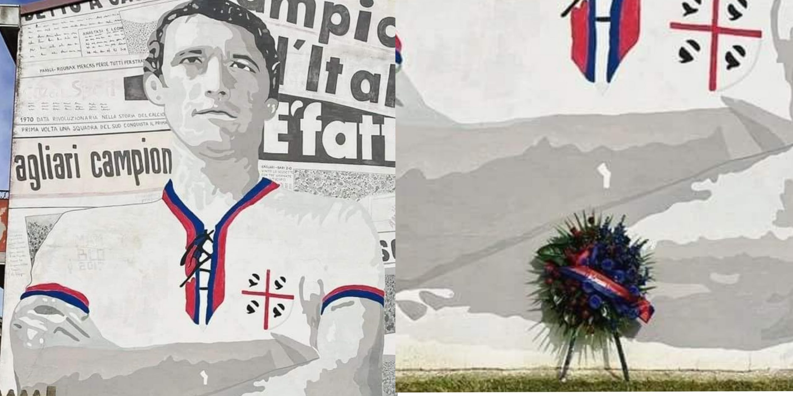San Gavino Monreale, una corona di fiori rossoblù appoggiata al murale dedicato al campione Riva