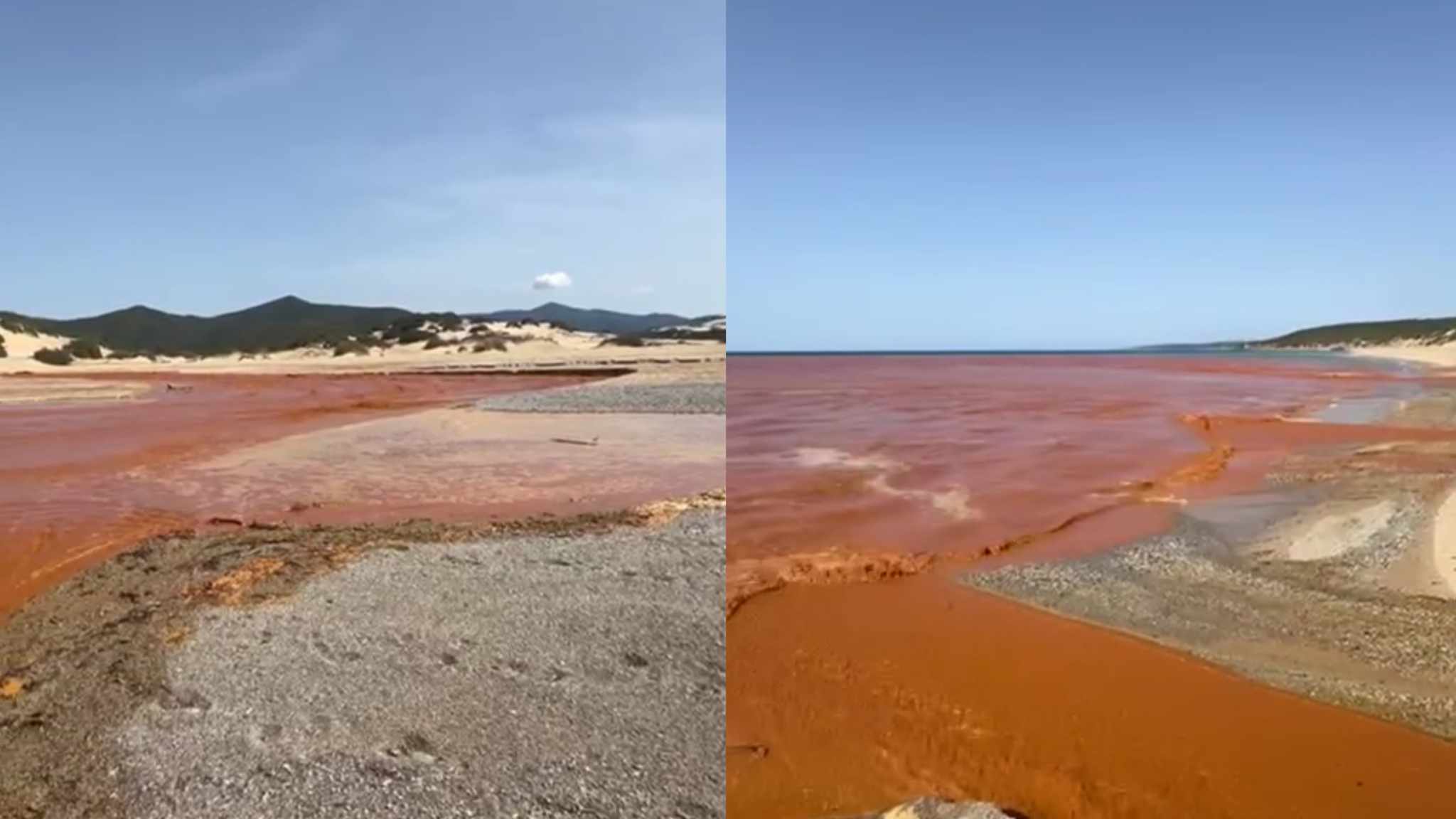 Il fiume dei veleni a Piscinas devasta il mare, mega chiazza rossa delle scorie delle miniere abbandonate