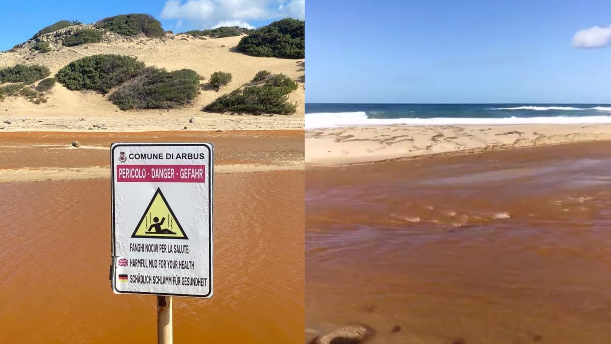 Piscinas, le immagini choc del fiume dei veleni in spiaggia alla ribalta nazionale