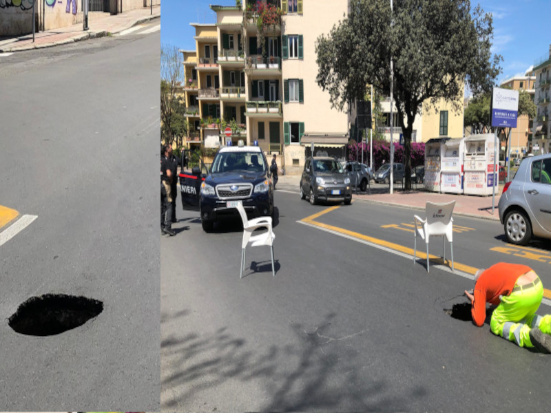 Cagliari, si apre una profonda voragine in via della Pineta: “Mia moglie stava per finirci dentro con l’auto”