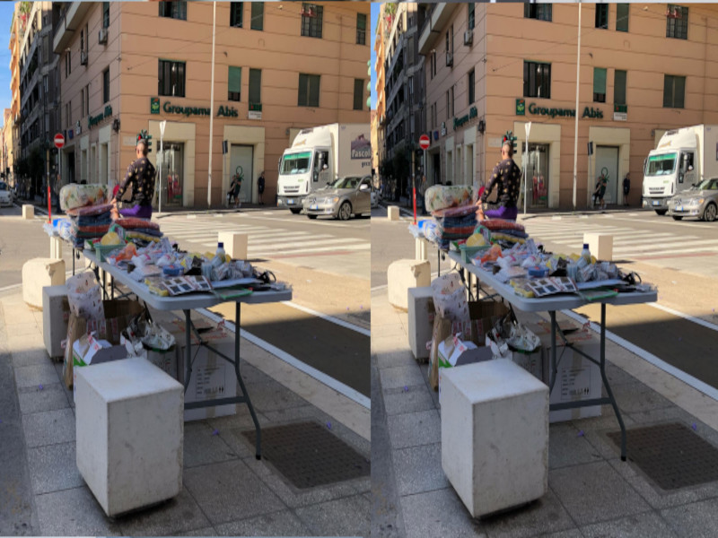 Cagliari, la trovata del venditore furbetto: la bancarella tra i blocchi di marmo della nuova via Dante