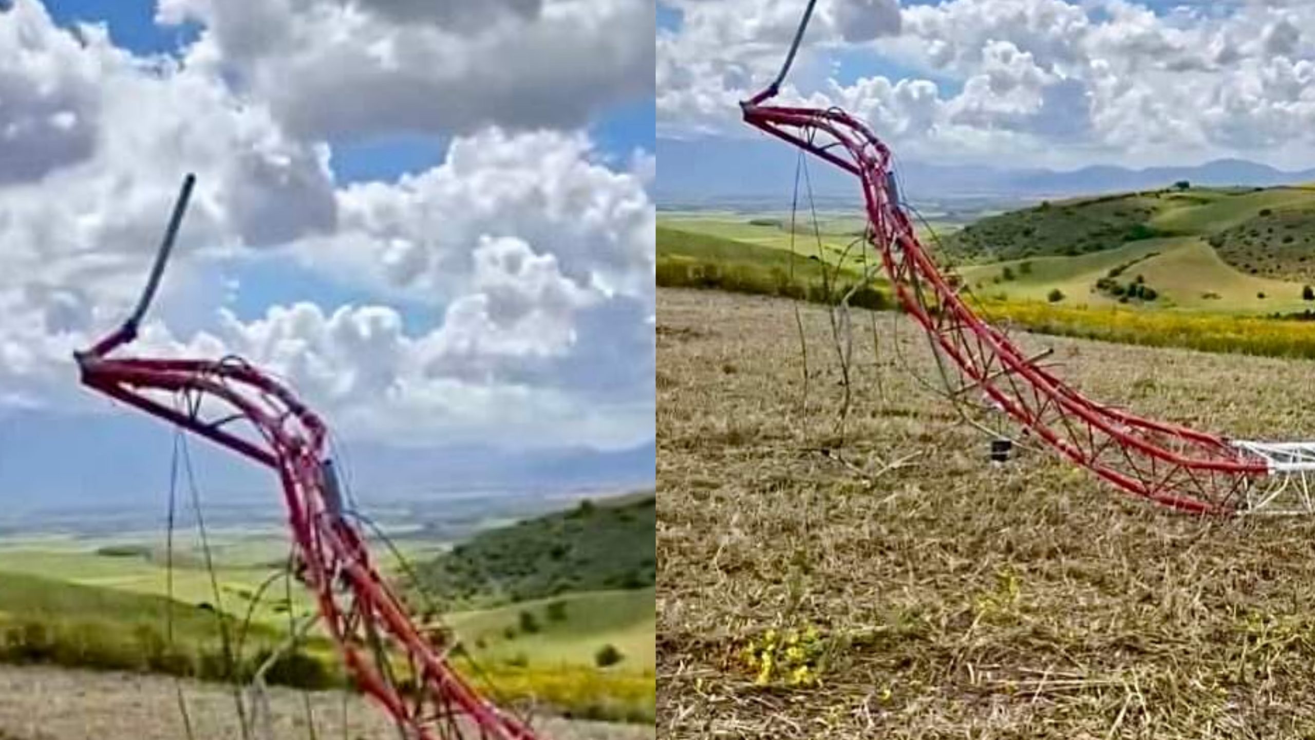 Villanovaforru, crolla una torre anemometrica: oltre novanta metri di acciaio accartocciati al suolo