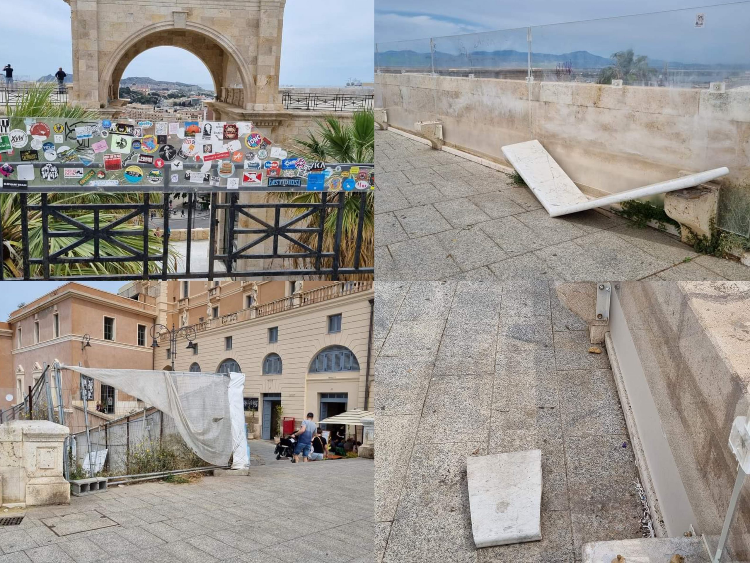 Cagliari, il Bastione a pezzi tra lastre spaccate e mura pasticciate: vandali padroni del monumento