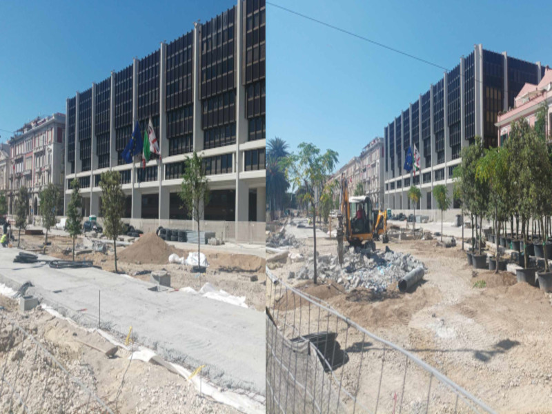 Cagliari, in via Roma spuntano i primi alberi del “bosco urbano” di Boeri: “E intanto passeremo la seconda estate ingabbiati”