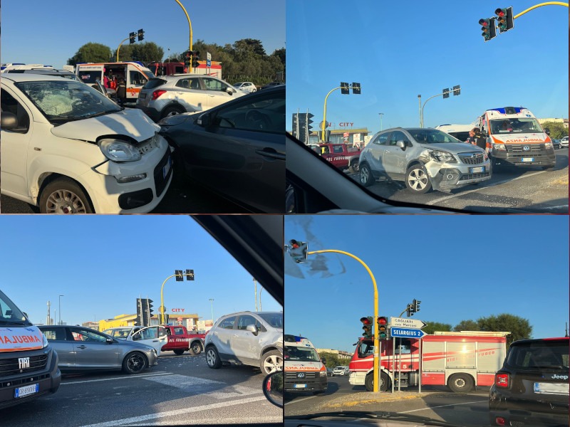 Schianto tra 4 auto sulla 554 al semaforo per Selargius: 3 donne ferite e due bambini miracolosamente illesi