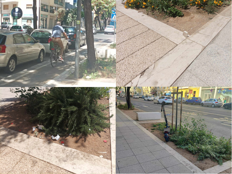 Lastre spaccate, aiuole con rifiuti e pista ciclabile sbiadita: la nuova via Dante a Cagliari è già malandata