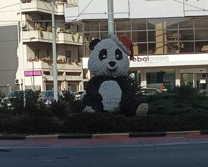 Aria di Natale a Quartu, il super panda prende posizione nella rotonda di viale Colombo