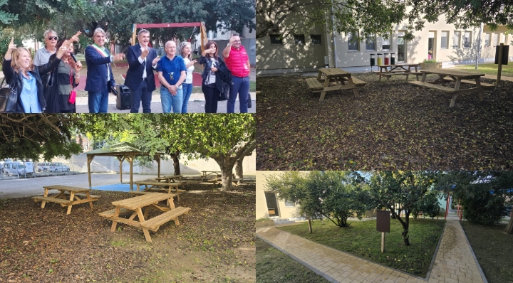 A Monserrato area picnic, spazio giochi, un orto didattico e un gazebo: inaugurato il cortile della scuola di via San Gavino